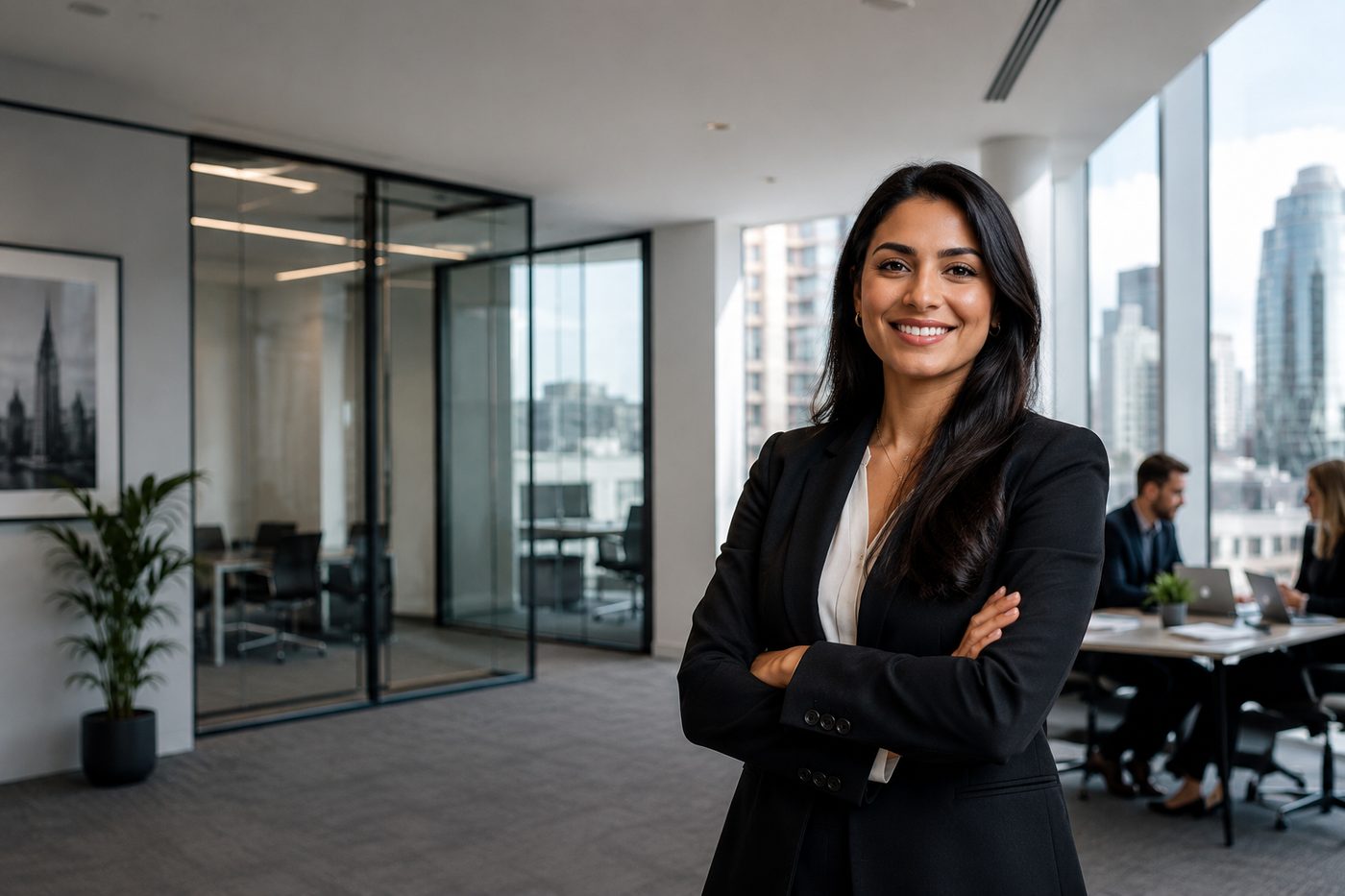 A confident business professional standing with arms folded in a modern glass-walled office, with colleagues collaborating in the background
